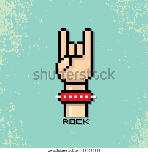 vector pixel art hand sign rock n roll music on on stylish turquoise ...
