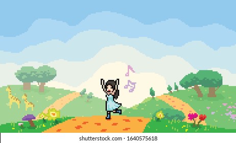 vector pixel art happy girl cartoon scene