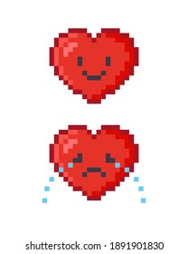 Vector Pixel Art Heart Emoji, Love Emoticons. Crying And Smiling Red Heart Characters Illustration