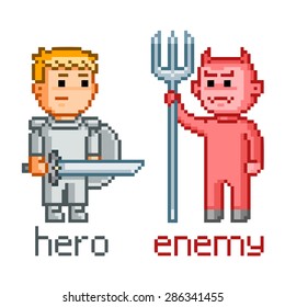 Vector pixel art hero and enemy for 8 bit video game