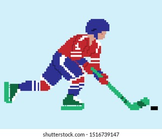 Vector pixel art. Hockey player with a stick in the red form. Sports concept.