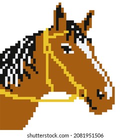 vector pixel art of horse head. imitation of embroidery or ugly sweater isolated on white background. useful for souvenirs, printing, equestrian clubs, sports, dressage, logo, embroidery, web design.