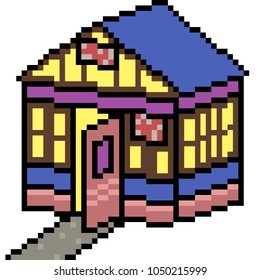vector pixel art house shop isolated cartoon