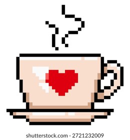 Vector Pixel Art Icon of Coffee Cup with Heart Symbol