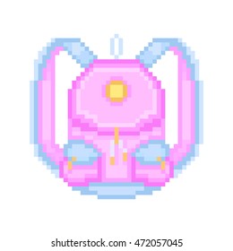Vector pixel art icon, pink girl rucksack with light blue straps and pocket flaps design and golden furniture. Trendy hipster casual woman city backpack. School or college girl student bag.