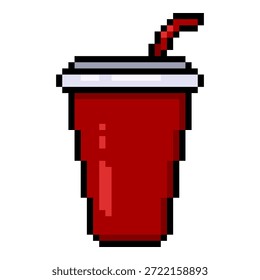 Ícone de arte de pixel vetorial - copo de plástico com palha