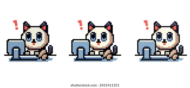 vector pixel art icon with Siamese cat typing on a computer with a surprised face on a white background