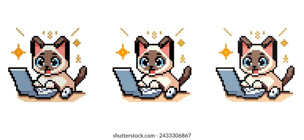 Icono de pixel art vectorial con gato siamés escribiendo en una computadora con una cara sorprendida sobre un fondo blanco