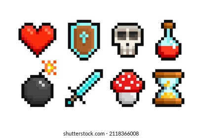 Vector pixel art icons set of 8-bit set of shield, sword, bomb, potion, bottle, heart, skull, hourglass. Pixel loot items objects for retro video game design. Isolated on white