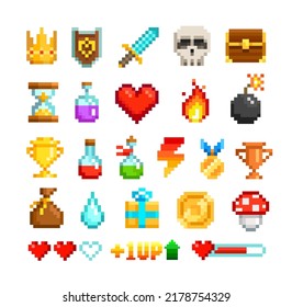 Vector Pixel Art Icons Set Of 8-bit Set Of Shield, Sword, Crown, Potion, Bottle, Heart, Award, Trophy Cup. Pixel Loot Items Objects For Retro Video Game Design. Video Game Sprite. Isolated On White