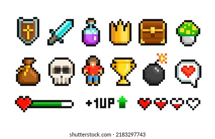 Vector Pixel Art Icons Set Of 8-bit Set Of Crown, Heart, Trophy Cup, Skull Etc. Level Up. Pixel Loot Items Award Objects For Retro Video Game Design. Video Game Sprite. Isolated On White
