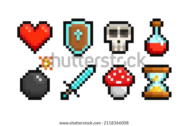 Vector pixel art\
icons set of 8-bit set of shield, sword, bomb, potion, bottle,\
heart, skull, hourglass. Pixel loot items objects for retro video\
game design. Isolated on\
white
