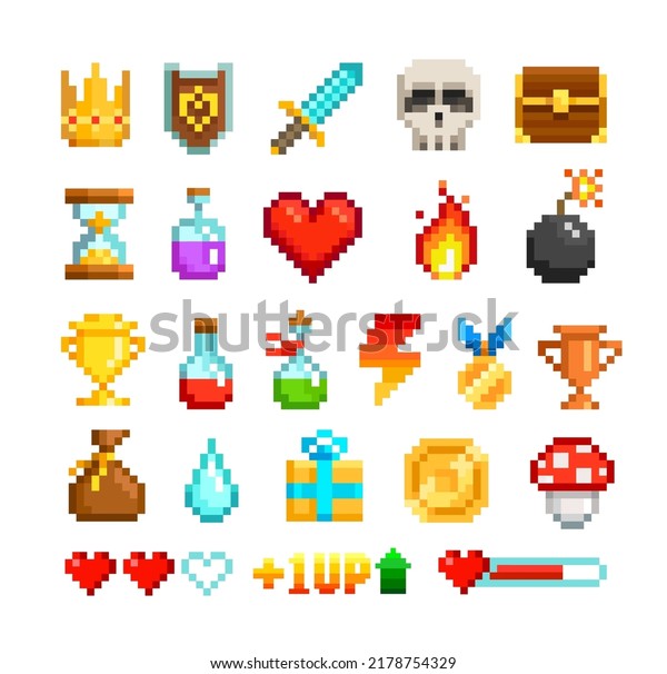 Vector Pixel Art icons set of 8-bit set of shield,\
sword, crown, potion, bottle, heart, award, trophy cup. Pixel loot\
items objects for retro video game design. Video game sprite.\
Isolated on white