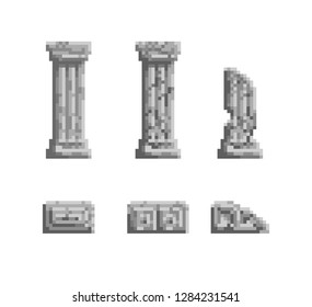Vector pixel art illustration 8 bit gray ancient column ruins isolated. Old video game style art