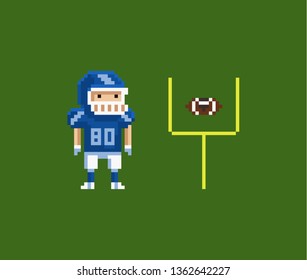 Vector pixel art illustration - American football gridiron player sportsman athlete in blue uniform and football helmet protection, oval-shaped football and goalposts - on green background.