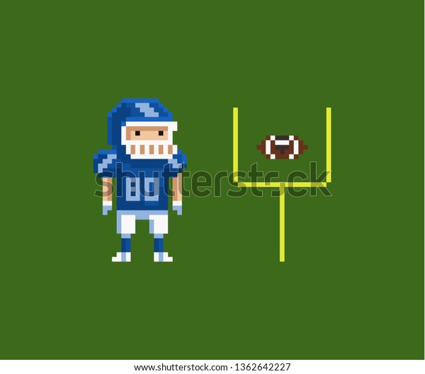 ベクター画素アートイラスト 緑の背景にアメリカのサッカーグリディロン選手のスポーツマン 青のユニフォームとフットボールのヘルメットの保護 楕円形の サッカーとゴールポスト のベクター画像素材 ロイヤリティフリー