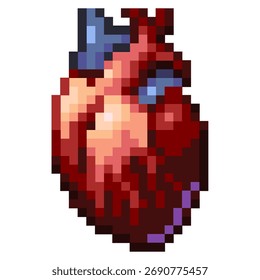 Ilustración del arte del pixel del Vector Video de un órgano anatómico de la cardiología del corazón humano utilizado en juegos con una estética retro o de 8 bits para la etiqueta engomada, elemento, icono