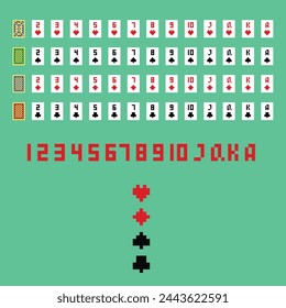 Vector pixel art illustration, assets for card game development - clubs, hearts, spades, diamonds card icons, card backs. isolated pixel art game dev textures