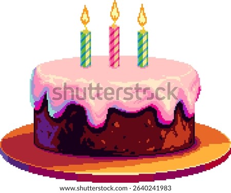 Vector pixel art illustration of a colorful birthday cake with three striped candles and pink icing. Festive dessert on a plate isolated on white background.