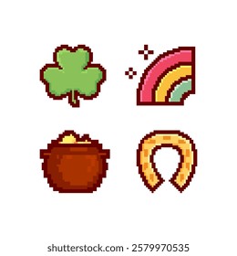 Vector pixel art illustration displaying traditional St. Patrick's Day symbols of good luck and fortune, including a clover leaf, a rainbow, a golden horseshoe and a pot of gold