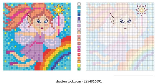 vector pixel art illustration, flying fairy with a magic wand, rainbow, coloring book, embroidery design, mosaic, creativity, development of motor skills and imagination