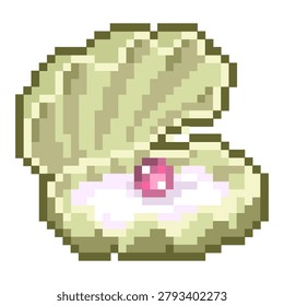 Vector pixel art illustration of a greenish clam or shell with pink pearl for element, game, asset, icon, sticker, ornament