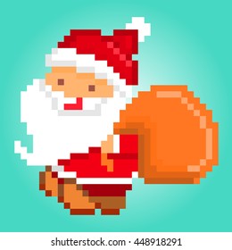 Vector pixel art illustration of happy smiling Santa Claus with a bag of presents delivering gifts. Character for Christmas design.
