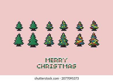 Vector pixel art illustration holiday set of Pixel art Merry Christmas tree. Flat design 8 bit outline illustration on light background