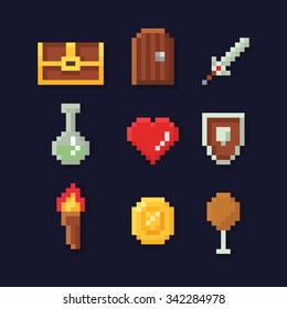 Vector pixel art illustration icons of treasure chest, locked door, sword, magic potion, red heart, shield, fire torch, gold coin, item of food, for retro arcade fantasy adventure game development. 