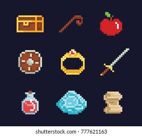 Vector pixel art illustration icons for fantasy adventure game development, magic staff, sword, food, chest, spell, ring, potion