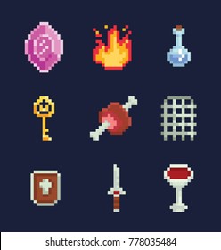 Vector pixel art illustration icons for various objects for fantasy adventure game development, gem, fire, potion, key, meat, gate, shield, sword, bowl. Retro arcade game design.