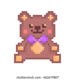 Vector pixel art illustration, kind smiling and blushing sitting stuffed brown toy bear with violet bow isolated on white background. Teddy bear icon.