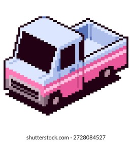 Ilustración del arte del pixel del Vector de una camioneta con el color azulado rosado y blanco y las ruedas negras listas para conducir, para la etiqueta engomada, elemento, juego, icono