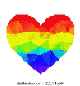 Vector pixel art illustration of rainbow heart isolated at white background. Symbol of gay, lesbian and LGBT love. Retro vintage 8bit video game style.