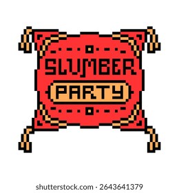 Vector pixel art illustration of a red square throw pillow with yellow tassels and slumber party text embroidery isolated on white background.