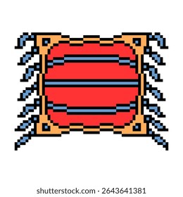 Vector pixel art illustration of a red square throw pillow with yellow trims, blue tassels and stripe print isolated on white background.