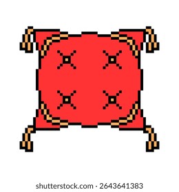 Vector pixel art illustration of a red square cushion pillow with yellow tassels and buttons isolated on white background.