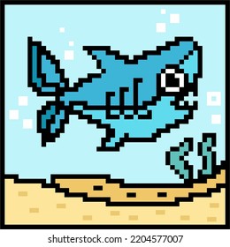 Vector pixel art illustration of a shark in the sea can be used for a book cover or for a poster
