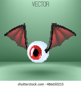 Vector pixel art illustration. Spooky monster icon. Cute bat eye sign. Halloween. Eps 8. Red eye. Brown wings.