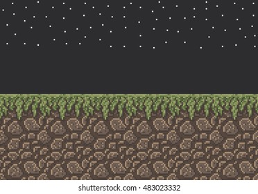 Vector pixel art illustration sprite - stones, brown dirt with grass texture night time stars. Retro arcade game environment design.