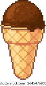 Vector pixel art illustration of waffle cone with scoop of chocolate ice cream. Isolated on white background. Stylized and colorful pixel design.