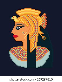 Vector pixel art illustration of woman cleopatra portrait  from ancient Egypt on dark background