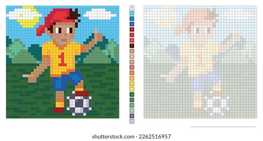 vector pixel art illustration, young soccer player on green football field, coloring book, embroidery design, mosaic, creativity, development of motor skills and imagination