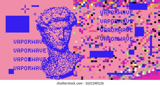 Vector pixel art ilustration with Michelangelo's David bust. Vaporwave and retrowave style, postmodern aesthetics with Renaissance antique Greek sculpture.