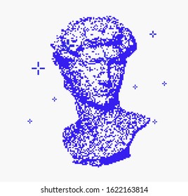 Vector pixel art ilustration with Michelangelo's David bust. Vaporwave and retrowave style, postmodern aesthetics with Renaissance antique Greek sculpture.