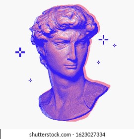 Vector pixel art ilustration with Michelangelo's David bust. Vaporwave and retrowave style, postmodern aesthetics with Renaissance antique Greek sculpture.