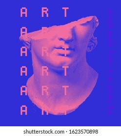 Vector pixel art ilustration with Michelangelo's David bust. Vaporwave and retrowave style print for t-shirt or apparel, postmodern aesthetics with Renaissance antique Greek sculpture.