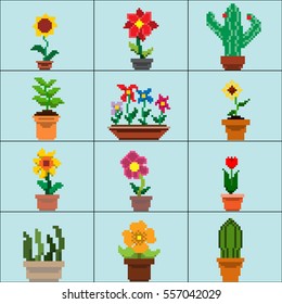 Vector Pixel Art Isolated Flower Set