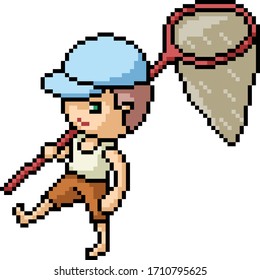 vector pixel art isolated kid catching bug