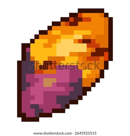 Vector pixel art of Japanese sweet potato with purple reddish skin outside and golden inside that grilled perfectly taste sweet for element, icon, sticker, game 